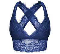 SHEKINI Women's Lace Bra Wire Free Padded Cross-Back Longline Pullover Racerback Bralette Top, Deep Blue, L