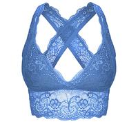 SHEKINI Women's Lace Bra Wire Free Padded Cross-Back Longline Pullover Racerback Bralette Top, Light Blue, M