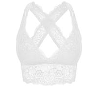 SHEKINI Women's Lace Bra Wire Free Padded Cross-Back Longline Pullover Racerback Bralette Top - White - M