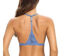 SHEKINI Women's Lace Bra Wireless Triangle Bralette Front Hook Closure Brassiere Removable Padded Adjustable Bras V Neck Halter Breathable Ladies Sexy Underwear, Haze Blue-S