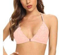 SHEKINI Women's Lace Bra Wireless Triangle Bralette Front Hook Closure Brassiere Removable Padded Adjustable Bras V Neck Halter Breathable Ladies Sexy Underwear, Pink-S