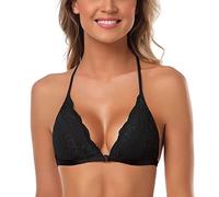 SHEKINI Women's Lace Bralette Sexy Triangular Bra Front Fastening with Removable Pads Backless Bras Plus Size Black