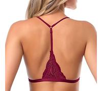 SHEKINI Women's Lace Bralette Sexy Triangular Bra Front Fastening with Removable Pads Backless Bras Plus Size Wine Red