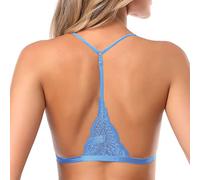 SHEKINI Women's Lace Bralette Sexy Triangular Bra Front Fastening with Removable Pads Backless Bras Plus Size Light Blue