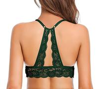 SHEKINI Women's Lace Bralette V Neck Wireless Bra Padded Sexy Backless Brassiere, Dark Green, X-Large