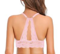 SHEKINI Women's Lace Bralette V Neck Wireless Bra Padded Sexy Backless Brassiere for Everyday Wear, Pink, X-Large