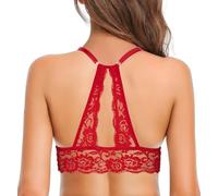SHEKINI Women's Lace Bralette V Neck Wireless Bra Padded Sexy Backless Brassiere for Everyday Wear, Red, Small