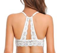 SHEKINI Women's Lace Bralette V Neck Wireless Bra Padded Sexy Backless Brassiere, White, X-Large