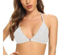 SHEKINI Womens Lace Bras Front Fastening Wireless Triangle Bralette Front Hook Closure Brassiere Removable Padded Adjustable Bra Halter Breathable Sexy Underwear Ladies Lingerie, White, L