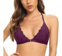 SHEKINI Womens Lace Bras Front Fastening Wireless Triangle Bralette Front Hook Closure Brassiere Removable Padded Adjustable Bra Halter Breathable Sexy Underwear Ladies Lingerie, Purple, L