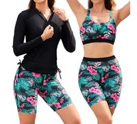 SHEKINI Womens Long Sleeve Rash Guard 3 Piece Zip Swim Shirts Printed Racerback Bra High Waisted Boyshorts Modest Swimwear, Black Pink Flower, Medium