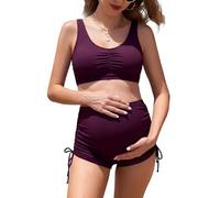 SHEKINI Women's Maternity Bikini Set Padded Top & High-Waisted Boyshorts | Pregnancy Swimwear, Adjustable Straps, Removable Pads, Side Drawstrings, Soft Ribbed Quick-Dry Fabric for Pool & Beach