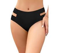 SHEKINI Women's Mid Rise Bikini Bottom Modest Strappy Swimwear Bottoms Cut Out Brazilian Swim Briefs Bathing Suit Black-XL