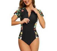 SHEKINI Women's One Piece Rash Guard Short Sleeve 1/4 Zip up Swimsuit Quick Dry Bathing Suit Build in Bra Swimming Costume, Black+Floral Printed, XL