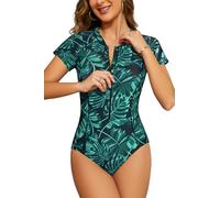 SHEKINI Women's One Piece Rash Guard Short Sleeve 1/4 Zip up Swimsuit Quick Dry Bathing Suit Build in Bra Swimming Costume, Green Leaf Printed, S