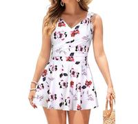 SHEKINI Women's One Piece Swimsuit Twist Front Retro Ruched Swimdress with Shorts Tummy Control Swimming Costume Plus Size Skirted Swimwear, White+Flower Printed, S