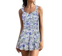 SHEKINI Women's One Piece Swimsuit Twist Front Retro Ruched Swimdress with Shorts Tummy Control Swimming Costume Plus Size Skirted Swimwear, Light Blue Floral Printed, XL