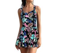 SHEKINI Women's One Piece Swimsuit Twist Front Retro Ruched Swimdress with Shorts Tummy Control Swimming Costume Plus Size Skirted Swimwear, Leaves Printed, M
