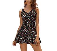 SHEKINI Women's One Piece Swimsuit V Neck Swimwear Wrap Over Padded Bathing Suit Ruched Tummy Control Wide Straps Swimming Costume with Skirt Plus Size, Polka Dots, XX-Large