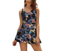 SHEKINI Women's One Piece Swimsuit V Neck Swimwear Wrap Over Padded Bathing Suit Ruched Tummy Control Wide Straps Swimming Costume with Skirt Plus Size, Yellow Flower, Medium
