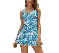 SHEKINI Women's One Piece Swimsuit V Neck Swimwear Wrap Over Padded Bathing Suit Ruched Tummy Control Wide Straps Swimming Costume with Skirt Plus Size, Leaf, X-Large