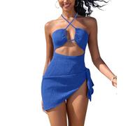 SHEKINI Women's One Piece Swimsuit with Beach Wrap Short Sarong Hollow Out Halter Neck 2-Piece Textured Swimwear Sets Blue-M