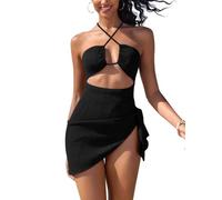 SHEKINI Women's One Piece Swimsuit with Beach Wrap Short Sarong Hollow Out Halter Neck 2-Piece Textured Swimwear Sets Black-M