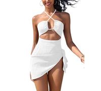 SHEKINI Women's One Piece Swimsuit with Beach Wrap Short Sarong Hollow Out Halter Neck 2-Piece Textured Swimwear Sets White-S