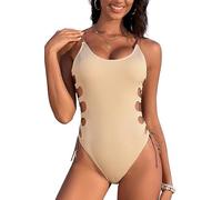SHEKINI Womens One Piece Swimsuits Cut Out Swimwear Tie Side Sexy Bathing Suit High Cut Body Shape Swimming Costume Monokini Vintage Adjustable, Khaki, L