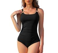 SHEKINI Women's One Piece Swimsuits Irregular Metal Rings High Cut Beach Swimwear Ribbed Wrap Over Bathing Suit Black