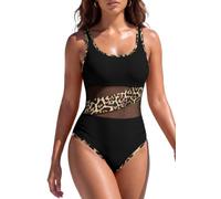 SHEKINI Women's One Piece Swimsuits Sexy Swimwear Ruched Tummy Control Swimming Costume Mesh Sheer Bathing Suit Padded Monokini, Leopard, S