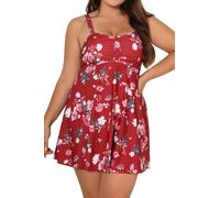 SHEKINI Women's Plus Size Swimdress Tummy Control Printed Swim Dress Padded One Piece Swimsuit with Shorts, Red, 4X