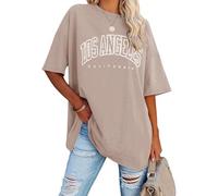 SHEKINI Women's Round Neck T Shirts Short Sleeve Vintage Blouses Ladies Los Angeles Tee Tops Summer Casual Loose Basic Blouse Tshirt, Khaki, XXL