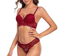 SHEKINI Women's Sexy Lingerie Sets Lace Bra and Thong Push Up Underwire Brassiere Support Soft Panties Underwear Sets Two Pieces, Wine Red, 38C