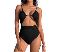 SHEKINI Womens Sexy One Piece Swimsuits Cut Out Cheeky Beach Swimwear Ruched Padded Monokini Bathing Suit, Black, Large