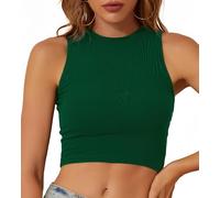 SHEKINI Women's Slim-Fit Crop Tops Seamless Knit Activewear Workout Running Crew-Neck Racer Back Sports Bra Green-S