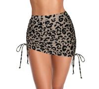 SHEKINI Women's Swimdress Drawstring Ruched Swim Skirt Adjustable Tie Side Swimsuit Bottom, Brown Leopard Print, XXL