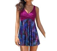 SHEKINI Women's Swimdress One Piece V Neck Swimming Costume Splice Printed Mesh Soft Cup Padded Elegant Bathing Suit Tummy Control with Boyshort, Fuchsia Leaf, X-Large