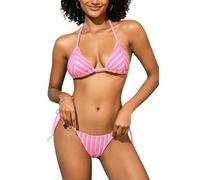 SHEKINI Women's Triangle Bikini Set Striped Towel Texture Halter Neck Bathing Suits Tie Side Swimsuit Beach Swimwear, Pink, XS