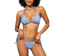 SHEKINI Women's Triangle Bikini Set Striped Towel Texture Halter Neck Bathing Suits Tie Side Swimsuit Beach Swimwear, Blue, L