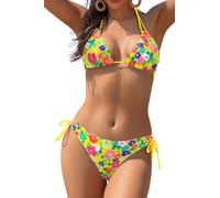 SHEKINI Women's Triangle Halter Bikini Set String Sexy Bathing Suit Low Waisted Two Piece Swimsuit, Yellow+Flower, X-Large