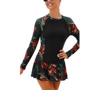 SHEKINI Womens Two Piece Rash Guard Set Long Sleeve Shirt with Boyleg Skirts Swim Suit UPF 50+ Sun Protection Surf Swimwear, Black+Red Leaf, L