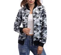 SheKiss Women Camouflage Paint Lightweight Jackets Long Sleeve Zipper Canvas Camo with Pockets - white - L