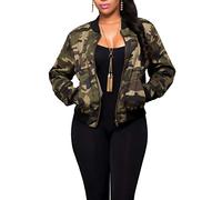 SheKiss Womens Camouflage Shacket Jacket Coats Fashion Fall Long Sleeve Zipper Canvas Camo Jackets with Pockets, Army Camo, Large