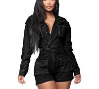 SheKiss Womens Casual Short Sleeves Denim Romers Elastic Waist Button Down Onesie Jumpsuits with Pockets, Black Denim Romper, M