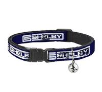 Shelby Breakaway Cat Collar With Bell, Plastic Clip, Easy Adjustable, Carroll Shelby CS Racing Logo Block Navy White, 8.5 to 12 Inches 0.5 Inch Wide