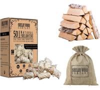 Shelby Wood Company Firelighters & Kindle Pack With Free Hessian Bag 50 Eco Wax Coated Wood Wool Flame Fire Starters Plus 3.5 Kg Kindle For Log Burner