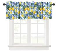 SHElifestyle Lemon Flower Window Valance Curtains, Italian Navy Blue Tile Burlap Watercolor Lemon Floral Summer Fruit Valances for Farmhouse Kitchen Dinning Room Café Décor 54x18inch