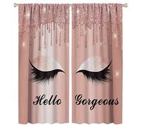 SHElifestyle Pretty Eyelash Blackout Window Curtains, Spark Rose Gold Drips Hello Gorgeous Eyelash Print (No Glitter No Sequin) Windows Door Curtain for Bedroom Living Room 42x45in