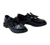 shelikes Girls Back to School Shoes Mary Jane Flat Shoes With Detachable Bow & Black Patent Shiny Ankle Strap